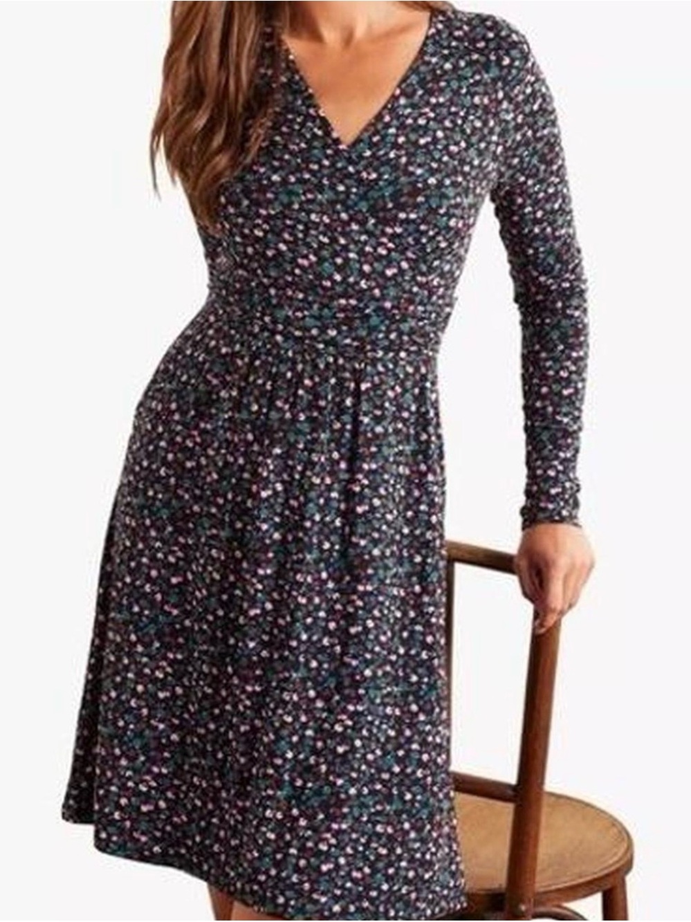 Boden Layla Long Sleeve Floral V-Neck Dress in Black with Pink Accents